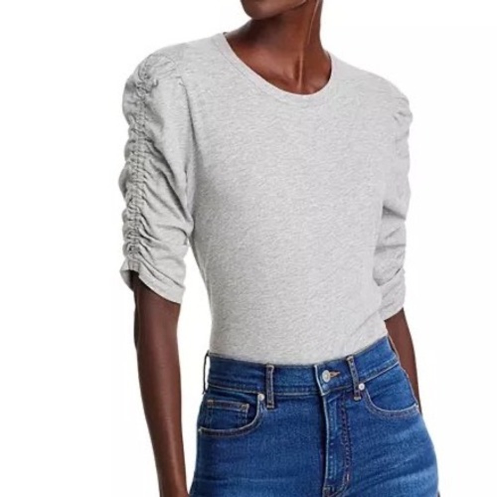 Veronica Beard Light Gray Ruched Sleeve Long Sleeve Tee